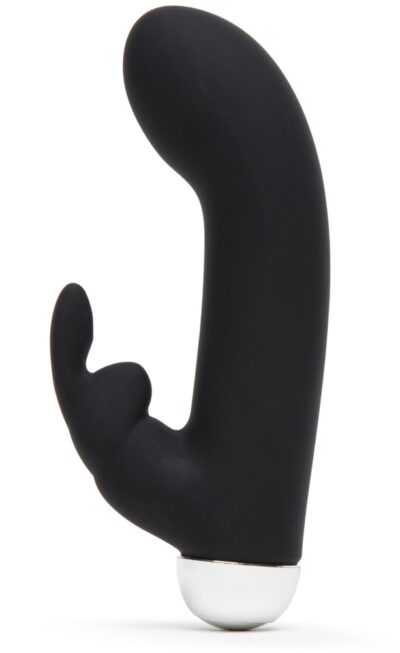 En sort krum vibrator med små kaninøre siddende på siden af skaftet.