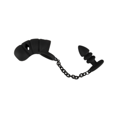 pikbur med butt plug i sort silikone og med en kæde som forbinder buret med butt plug