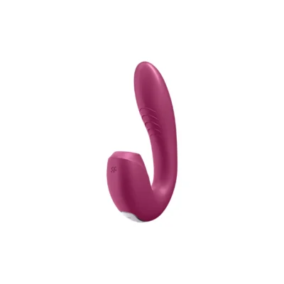 satisfyer sunray klitoris stimulator + g-spot vibrator er en rød silikone stimulator med lufttrykspulseringer til klitoris samtidig med vibrationer til g-punktet